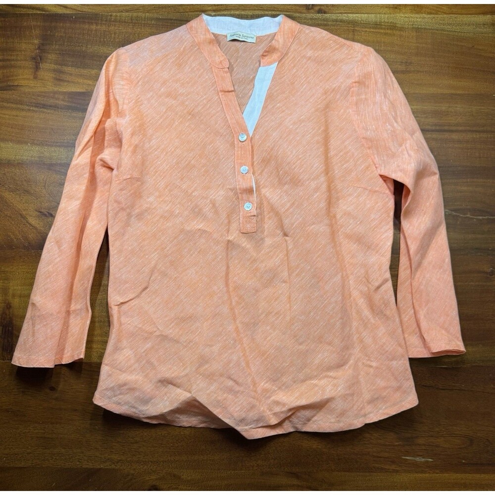 Sartoria Saracena Italy Women 100% Linen V Neck Blouse Orange Coastal Resort Top